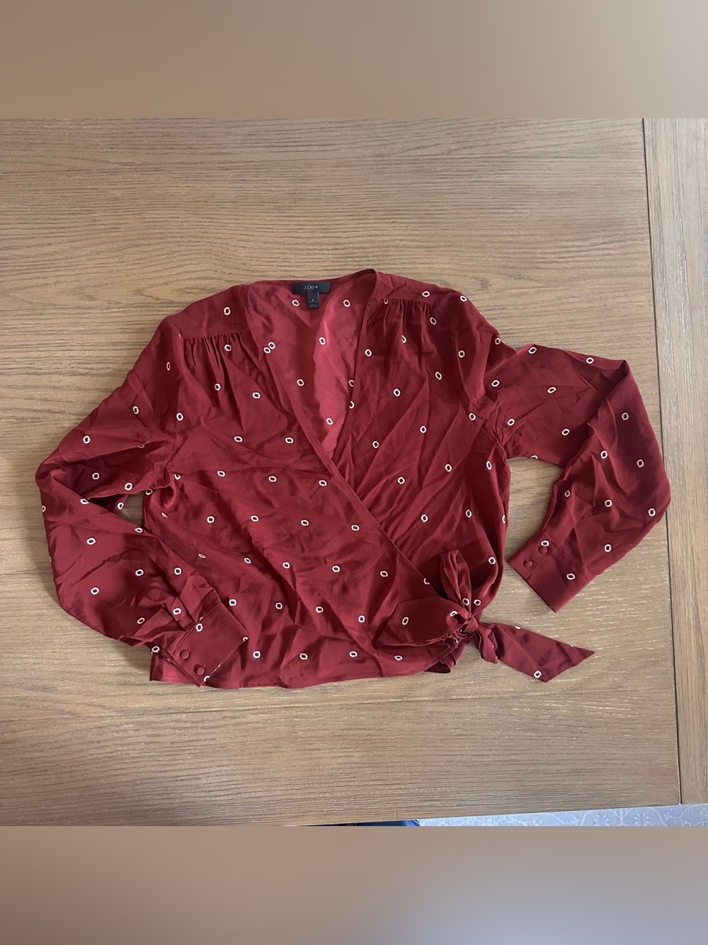 J.Crew Women’s Small Burgundy Printed Wrap Blouse Tie Waist Long Sleeve